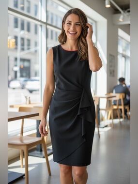 Calvin Klein Black Dress with Red Lining - Ruched Sheath-Size 14-NWT